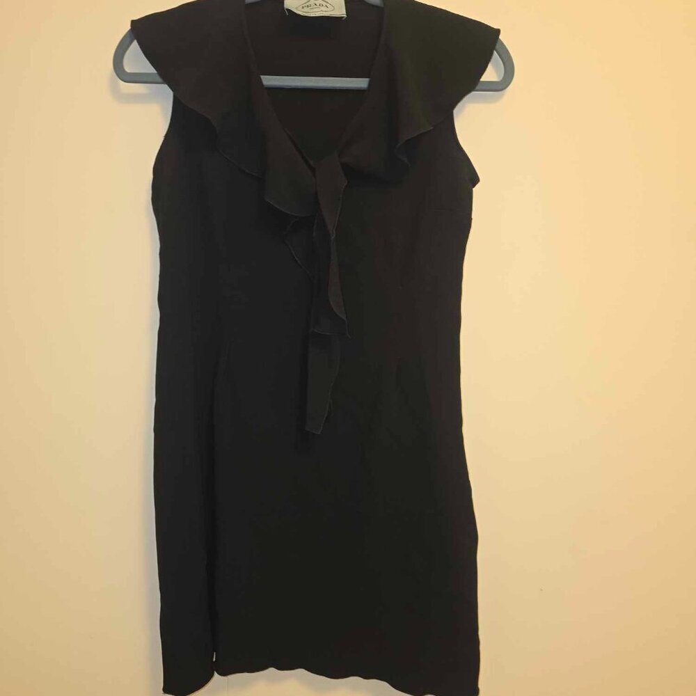 Vintage Prada Dress - Acetate Viscose - Ruffle Neckline Little Black Dress - Picture 7 of 14